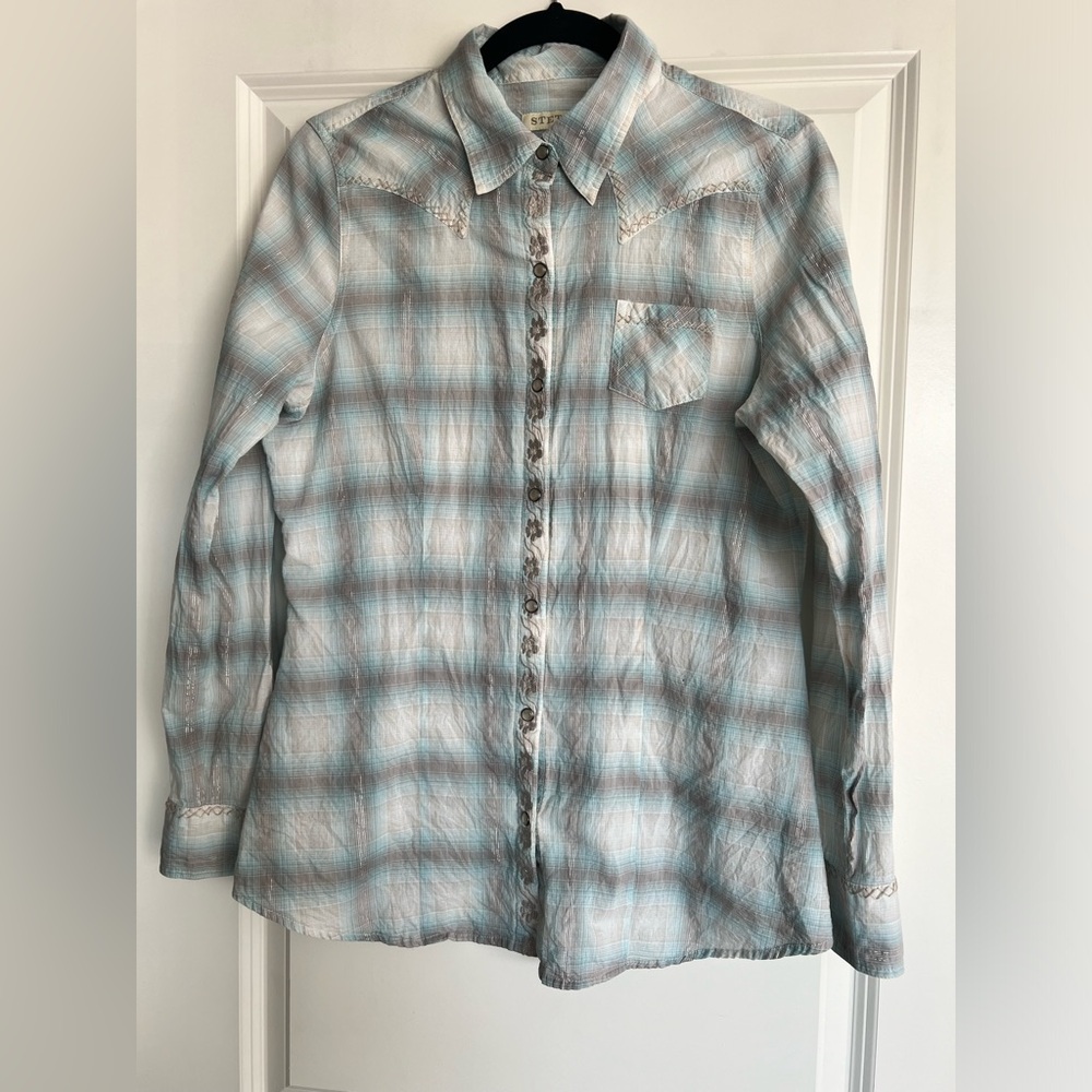 Womens Classic Stetson Western Pearl Snap Flower Plaid Buttondown Shirt Size L